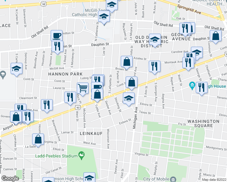 map of restaurants, bars, coffee shops, grocery stores, and more near in Mobile