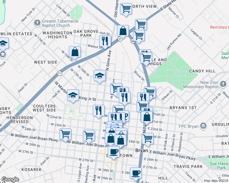 map of restaurants, bars, coffee shops, grocery stores, and more near 806 North Bryan Avenue in Bryan