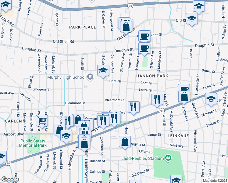 map of restaurants, bars, coffee shops, grocery stores, and more near 122 Bienville Avenue in Mobile