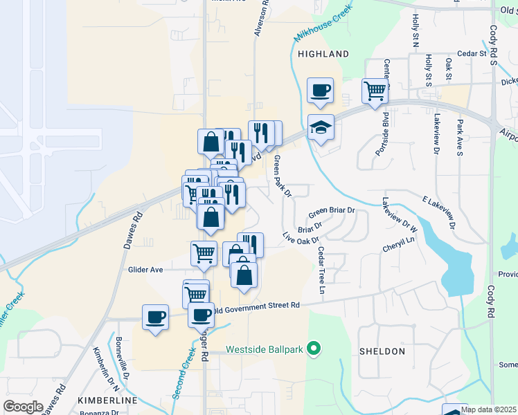 map of restaurants, bars, coffee shops, grocery stores, and more near 7720 Thomas Road in Mobile