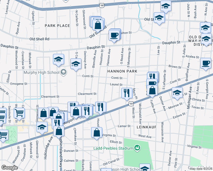 map of restaurants, bars, coffee shops, grocery stores, and more near 159 Hannon Avenue in Mobile