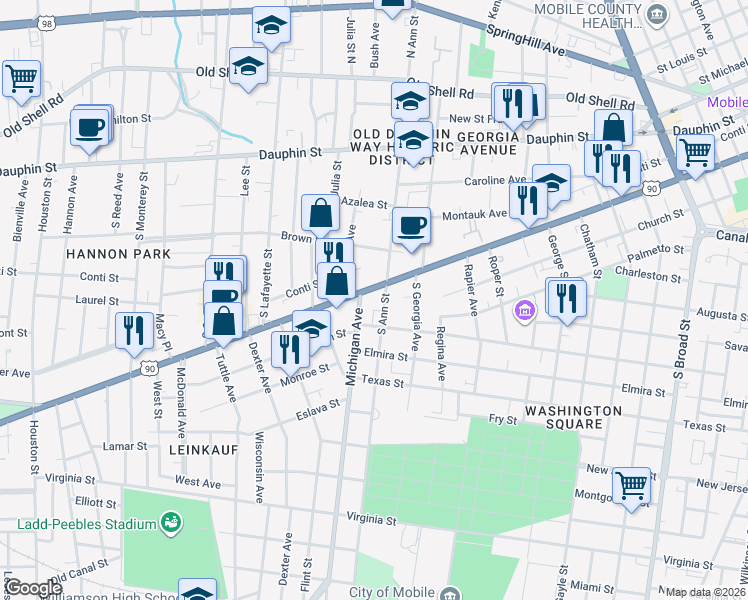 map of restaurants, bars, coffee shops, grocery stores, and more near 1300 Government St in Mobile