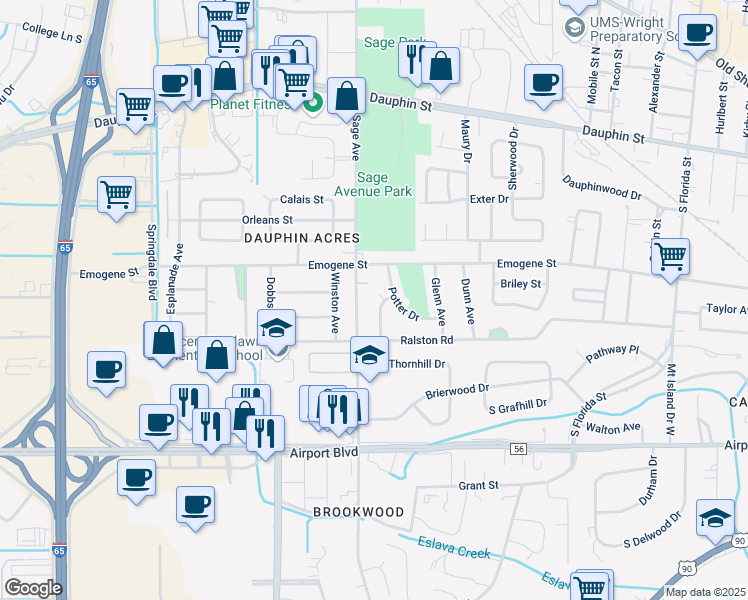 map of restaurants, bars, coffee shops, grocery stores, and more near 155 South Sage Avenue in Mobile