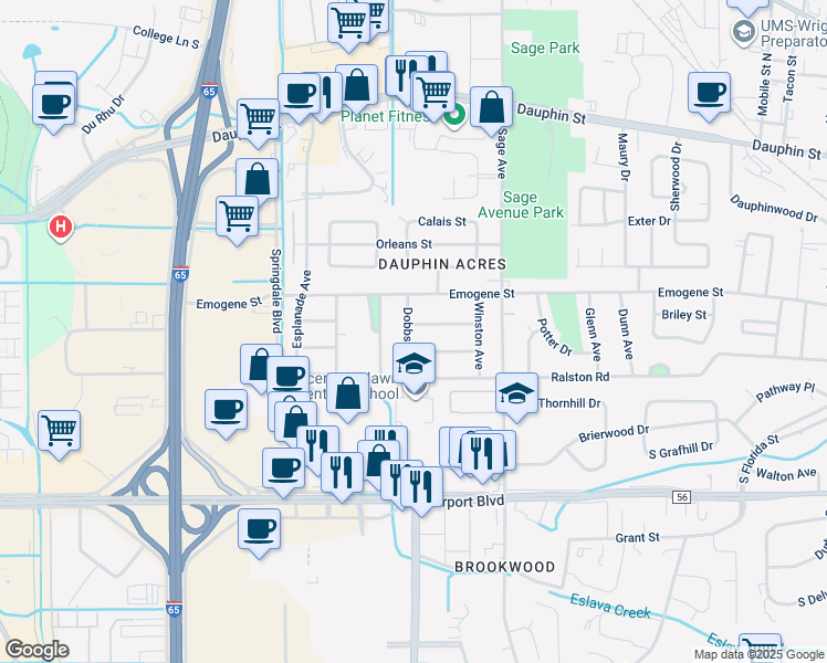 map of restaurants, bars, coffee shops, grocery stores, and more near 3075 Belmont Street in Mobile