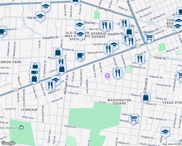 map of restaurants, bars, coffee shops, grocery stores, and more near 1207 Government Street in Mobile
