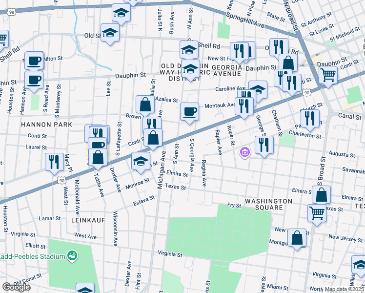 map of restaurants, bars, coffee shops, grocery stores, and more near 1300 Government St in Mobile
