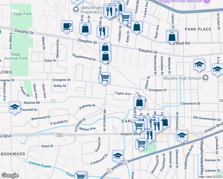 map of restaurants, bars, coffee shops, grocery stores, and more near 2505 Emogene Street in Mobile