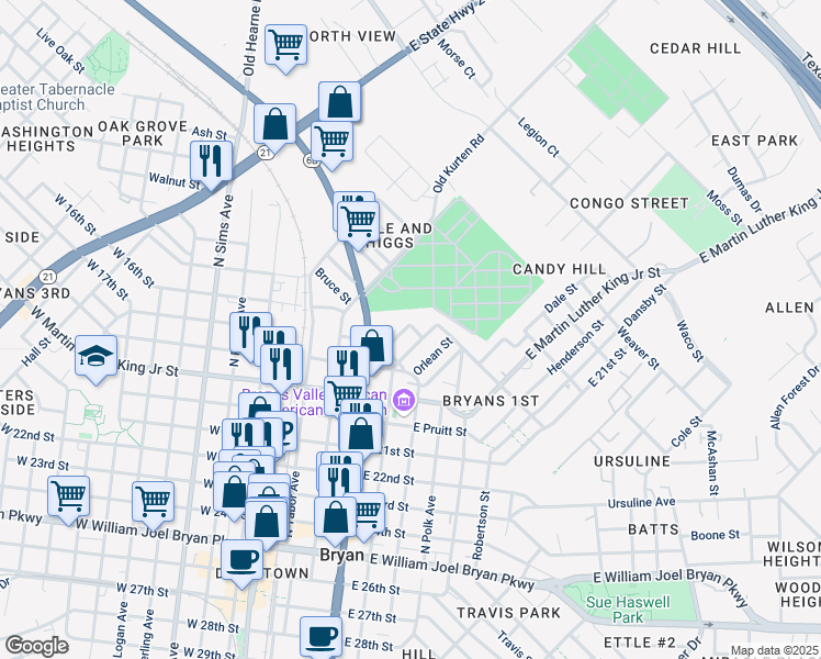 map of restaurants, bars, coffee shops, grocery stores, and more near 1112 Justine Street in Bryan