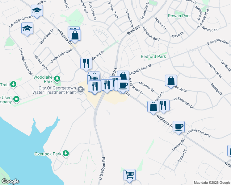 map of restaurants, bars, coffee shops, grocery stores, and more near 4418 Williams Dr in Georgetown