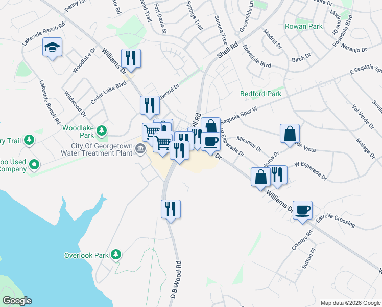map of restaurants, bars, coffee shops, grocery stores, and more near 4418 Williams Drive in Georgetown