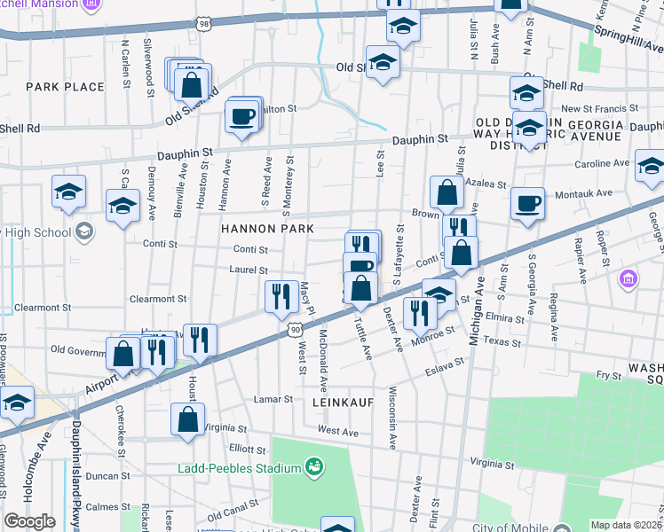 map of restaurants, bars, coffee shops, grocery stores, and more near 156 South Catherine Street in Mobile