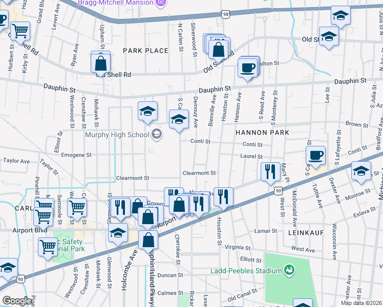 map of restaurants, bars, coffee shops, grocery stores, and more near 105 South Carlen Street in Mobile