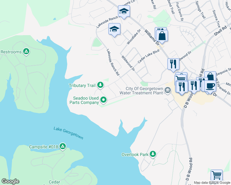 map of restaurants, bars, coffee shops, grocery stores, and more near 100 Wake Lane in Georgetown