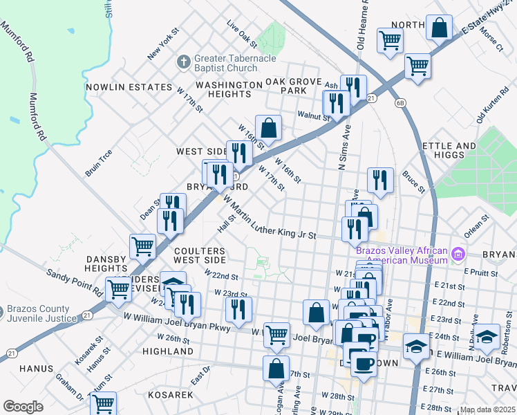map of restaurants, bars, coffee shops, grocery stores, and more near 906 West 18th Street in Bryan