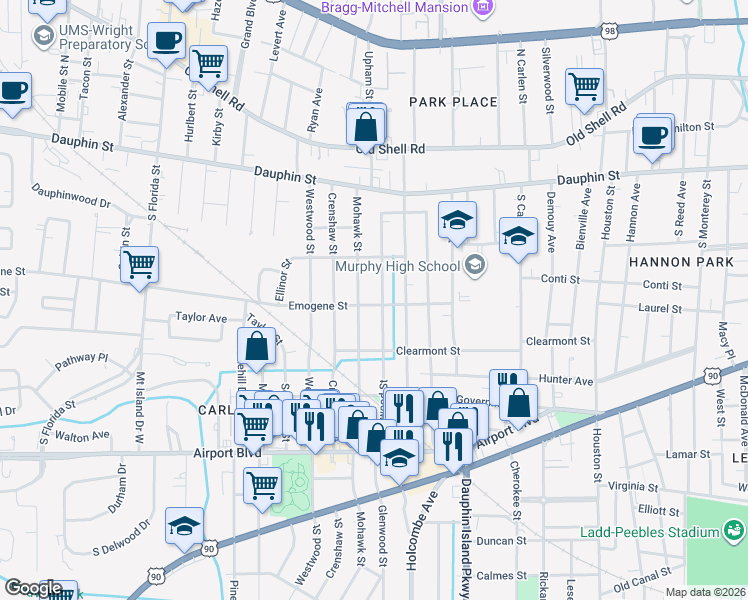 map of restaurants, bars, coffee shops, grocery stores, and more near 115 Glenwood Street in Mobile
