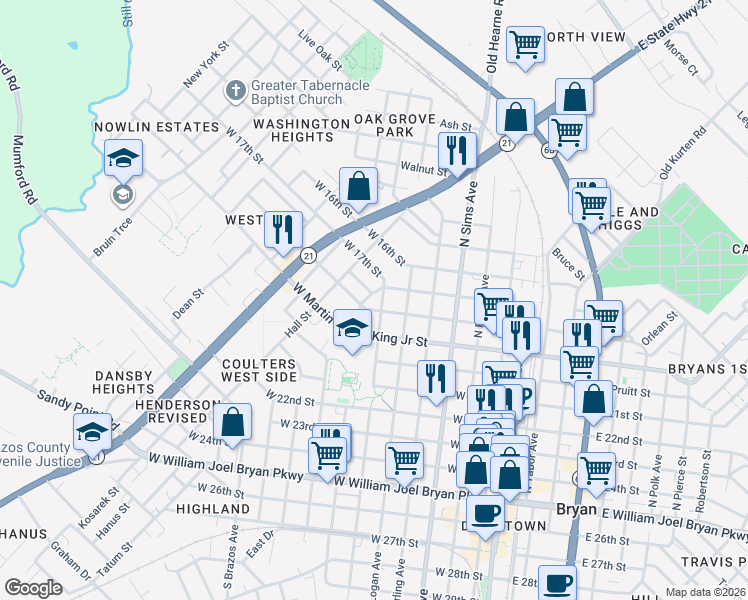 map of restaurants, bars, coffee shops, grocery stores, and more near 606 West 17th Street in Bryan