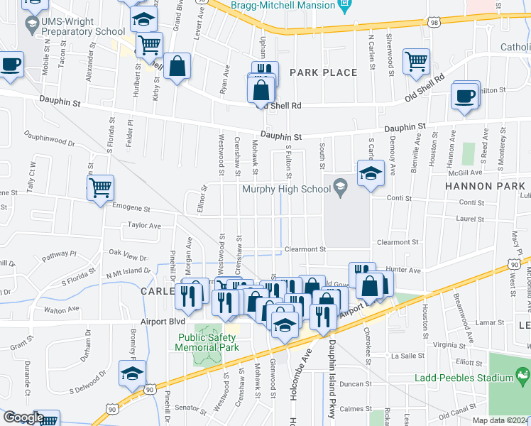 map of restaurants, bars, coffee shops, grocery stores, and more near 2104 Emogene Street in Mobile