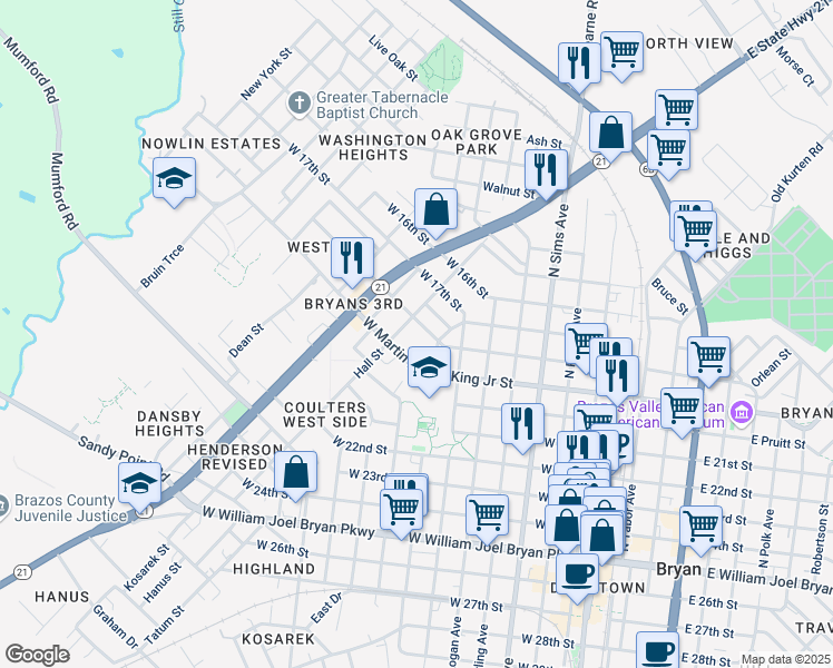 map of restaurants, bars, coffee shops, grocery stores, and more near 906 West 18th Street in Bryan