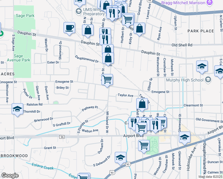 map of restaurants, bars, coffee shops, grocery stores, and more near 2577-2599 Emogene St in Mobile