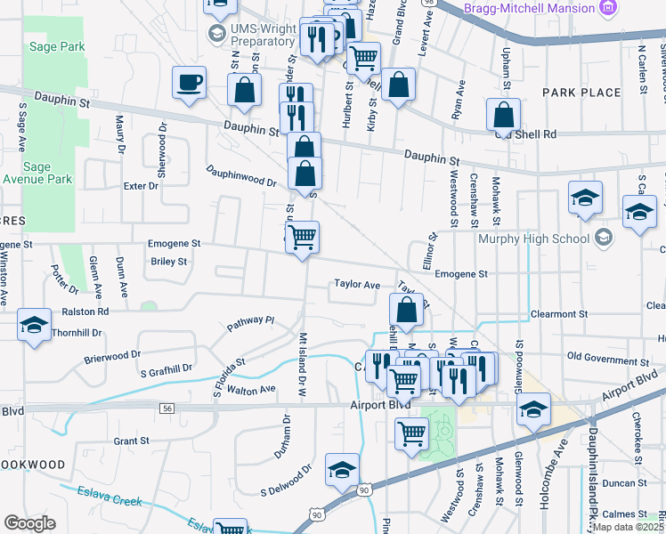 map of restaurants, bars, coffee shops, grocery stores, and more near 2505 Emogene Street in Mobile