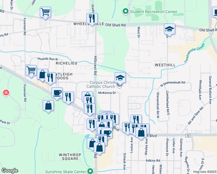 map of restaurants, bars, coffee shops, grocery stores, and more near 375 Hillcrest Road in Mobile