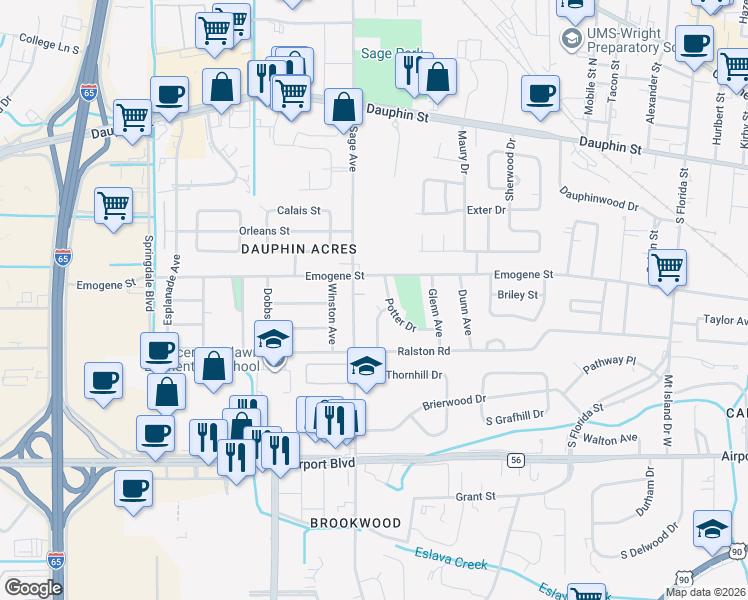 map of restaurants, bars, coffee shops, grocery stores, and more near 157 Potter Drive in Mobile