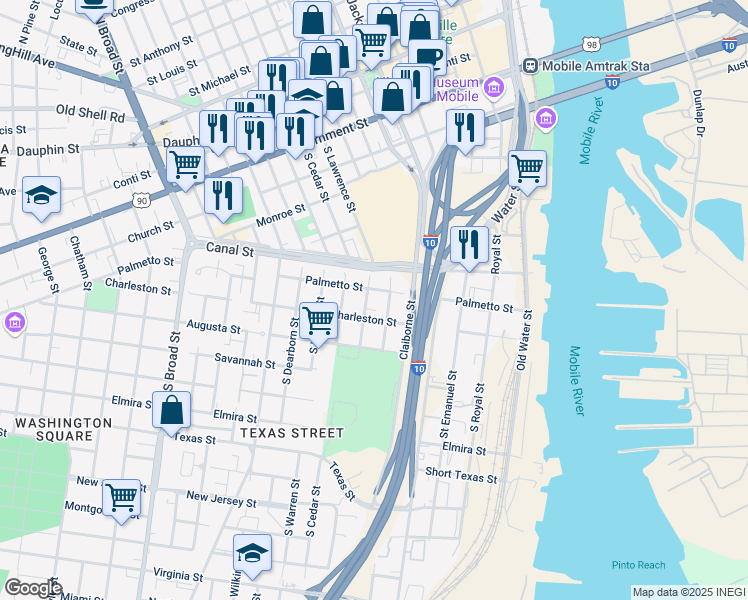 map of restaurants, bars, coffee shops, grocery stores, and more near 351 South Lawrence Street in Mobile