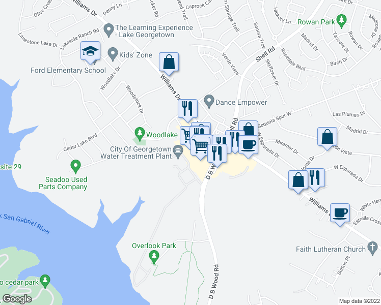 map of restaurants, bars, coffee shops, grocery stores, and more near 4500 Williams Drive in Georgetown