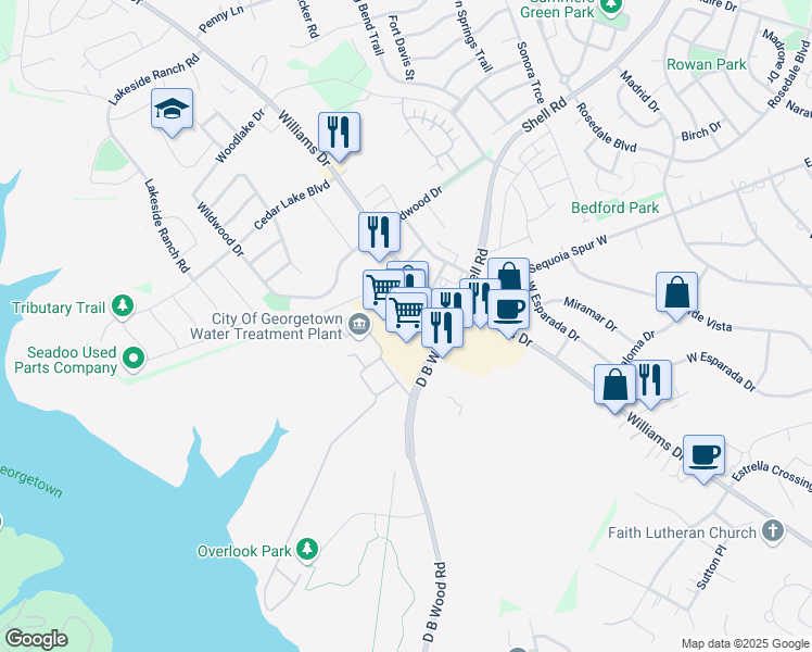 map of restaurants, bars, coffee shops, grocery stores, and more near 4500 Williams Drive in Georgetown