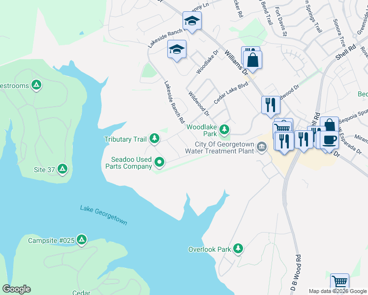 map of restaurants, bars, coffee shops, grocery stores, and more near 1904 Lakeside Ranch Road in Georgetown
