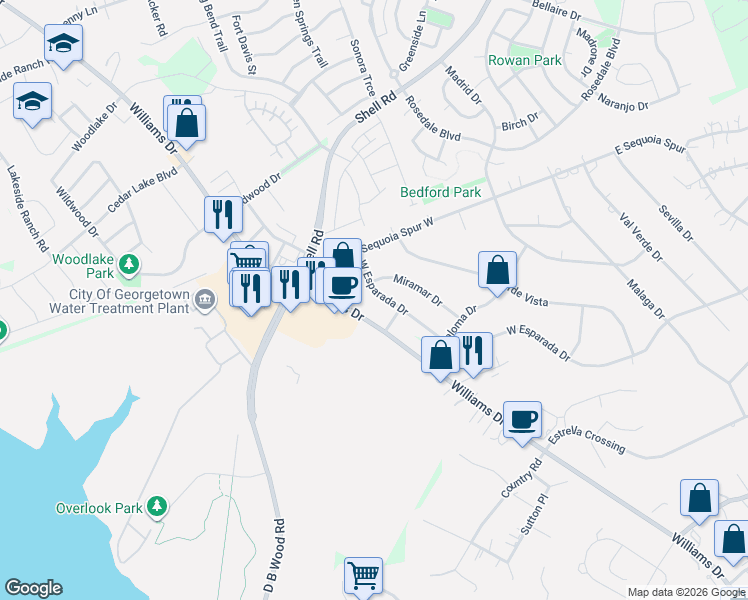 map of restaurants, bars, coffee shops, grocery stores, and more near 704 West Esparada Drive in Georgetown