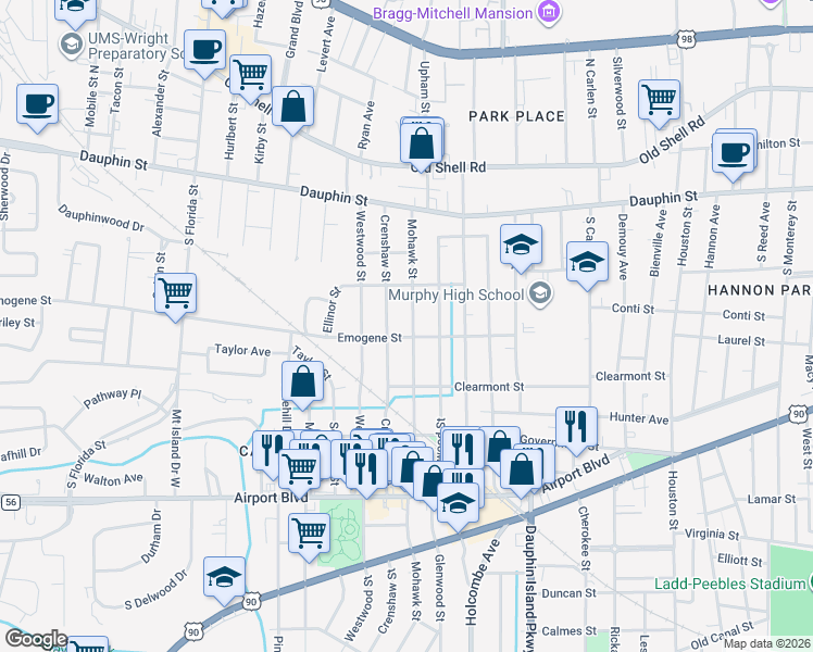 map of restaurants, bars, coffee shops, grocery stores, and more near 114 Mohawk Street in Mobile