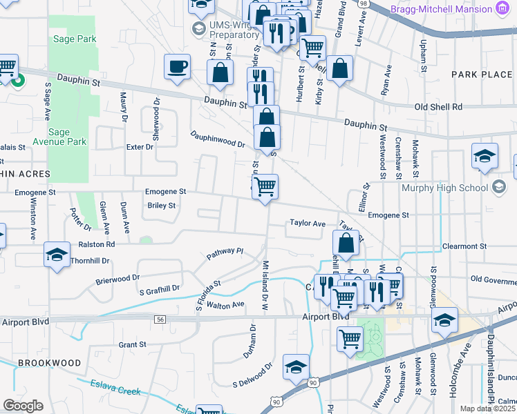 map of restaurants, bars, coffee shops, grocery stores, and more near 2577 Emogene Street in Mobile