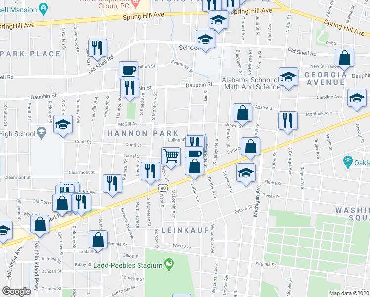 map of restaurants, bars, coffee shops, grocery stores, and more near 158 South Catherine Street in Mobile