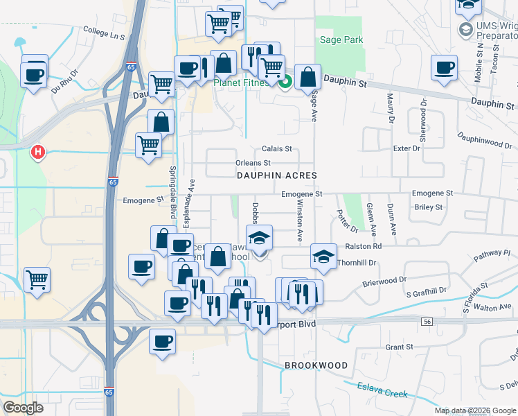 map of restaurants, bars, coffee shops, grocery stores, and more near 3070 Belmont Street in Mobile
