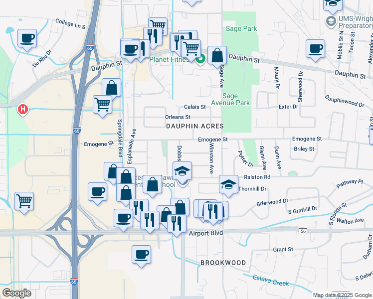 map of restaurants, bars, coffee shops, grocery stores, and more near 3070 Belmont Street in Mobile
