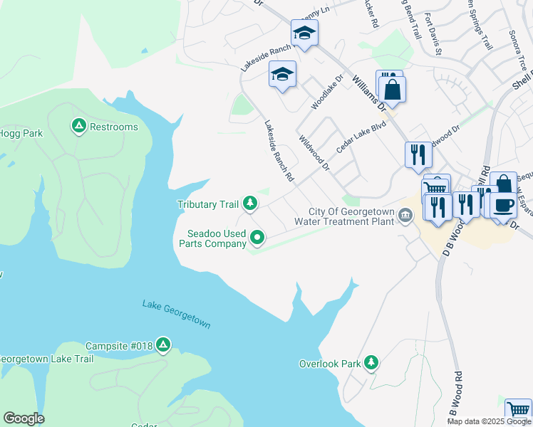map of restaurants, bars, coffee shops, grocery stores, and more near 100 Wake Lane in Georgetown