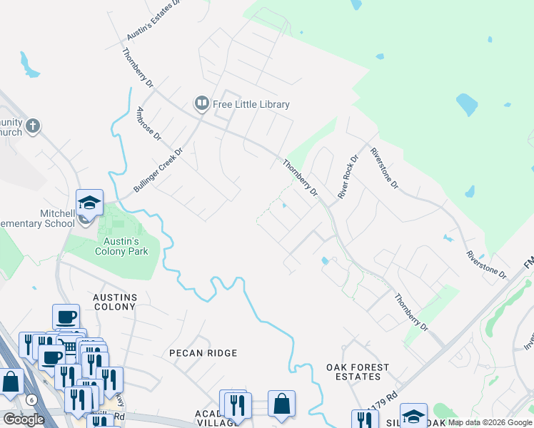 map of restaurants, bars, coffee shops, grocery stores, and more near 3217 Middleburg Green in Bryan
