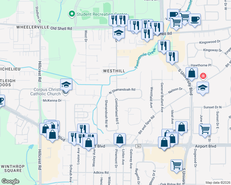map of restaurants, bars, coffee shops, grocery stores, and more near 501 East Cumberland Road in Mobile