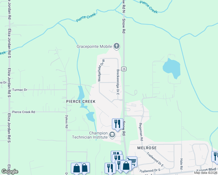 map of restaurants, bars, coffee shops, grocery stores, and more near 9977 Breckenridge Drive North in Mobile