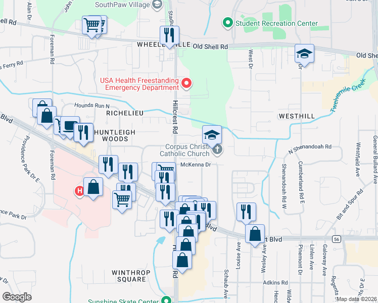 map of restaurants, bars, coffee shops, grocery stores, and more near 375 Hillcrest Road in Mobile