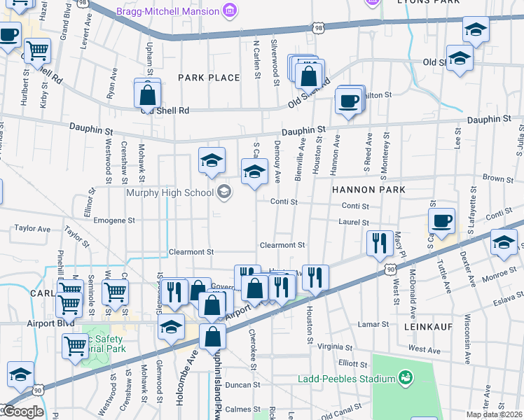 map of restaurants, bars, coffee shops, grocery stores, and more near 105 South Carlen Street in Mobile
