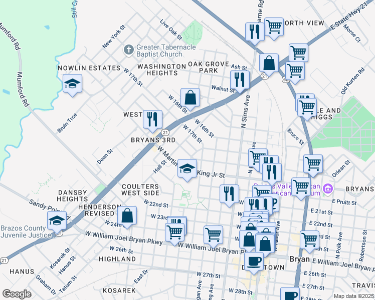 map of restaurants, bars, coffee shops, grocery stores, and more near 906 W 18th St in Bryan