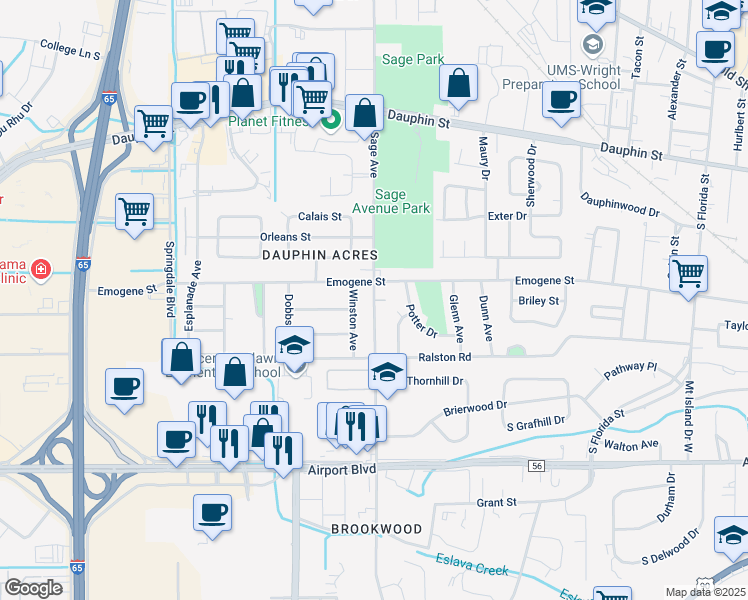map of restaurants, bars, coffee shops, grocery stores, and more near 155 South Sage Avenue in Mobile