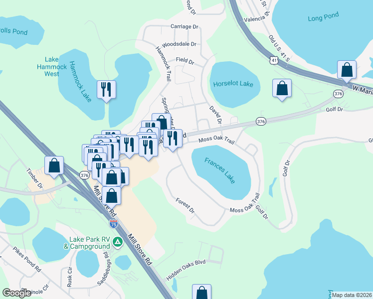 map of restaurants, bars, coffee shops, grocery stores, and more near 5392 Moss Oak Trail in Lake Park