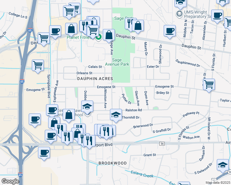 map of restaurants, bars, coffee shops, grocery stores, and more near 155 South Sage Avenue in Mobile