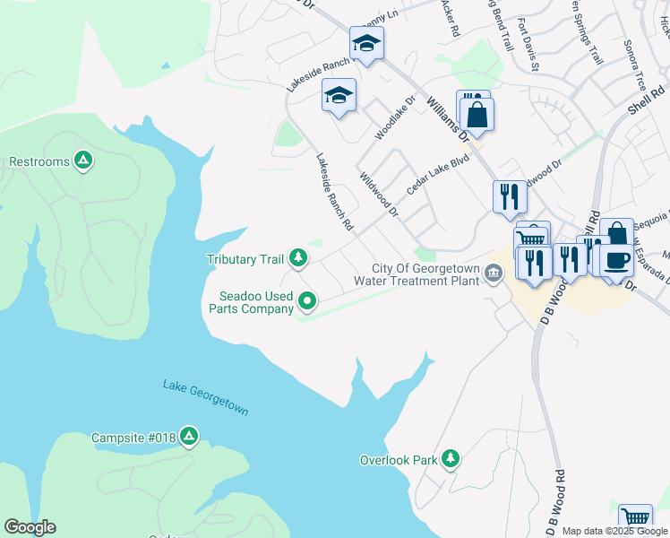 map of restaurants, bars, coffee shops, grocery stores, and more near 100 Wake Lane in Georgetown