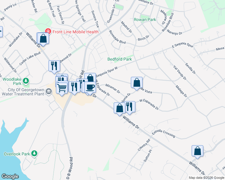 map of restaurants, bars, coffee shops, grocery stores, and more near 4312 Miramar Drive in Georgetown
