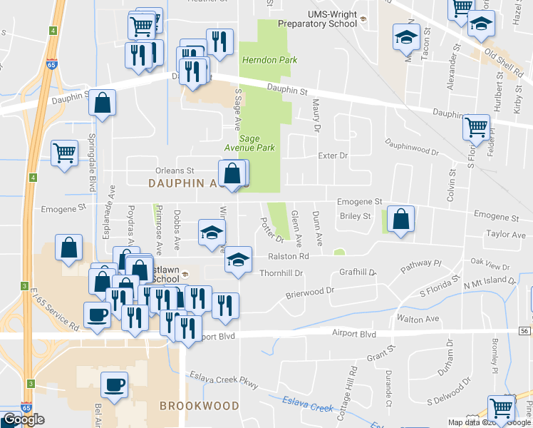 map of restaurants, bars, coffee shops, grocery stores, and more near 157 Potter Drive in Mobile