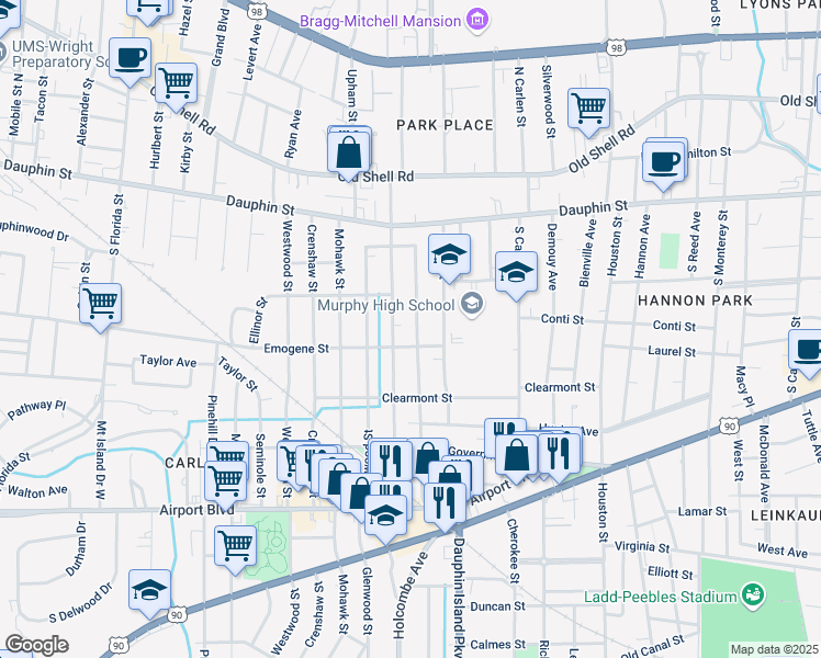 map of restaurants, bars, coffee shops, grocery stores, and more near 122 Williams Ct in Mobile